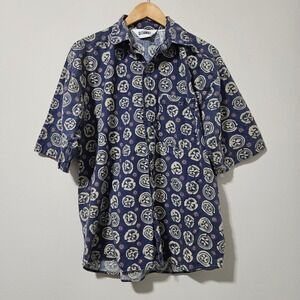 Vintage Gitano Mens Blue Geometric Spiral Print Cotton Short Sleeve Shirt Medium